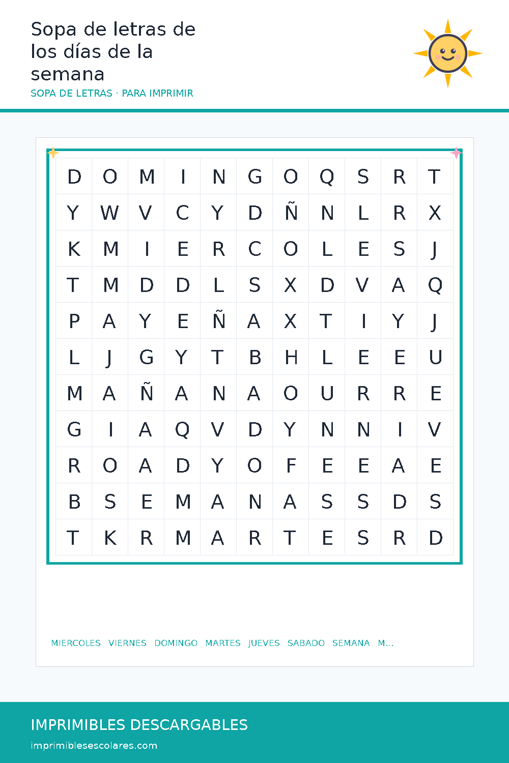 Sopa de letras de los días de la semana