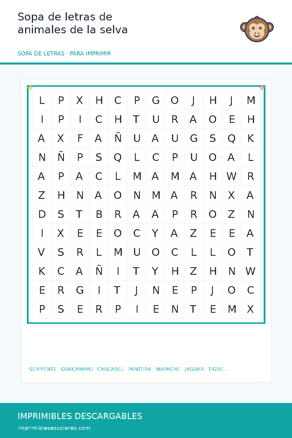 Sopa de letras de animales de la selva