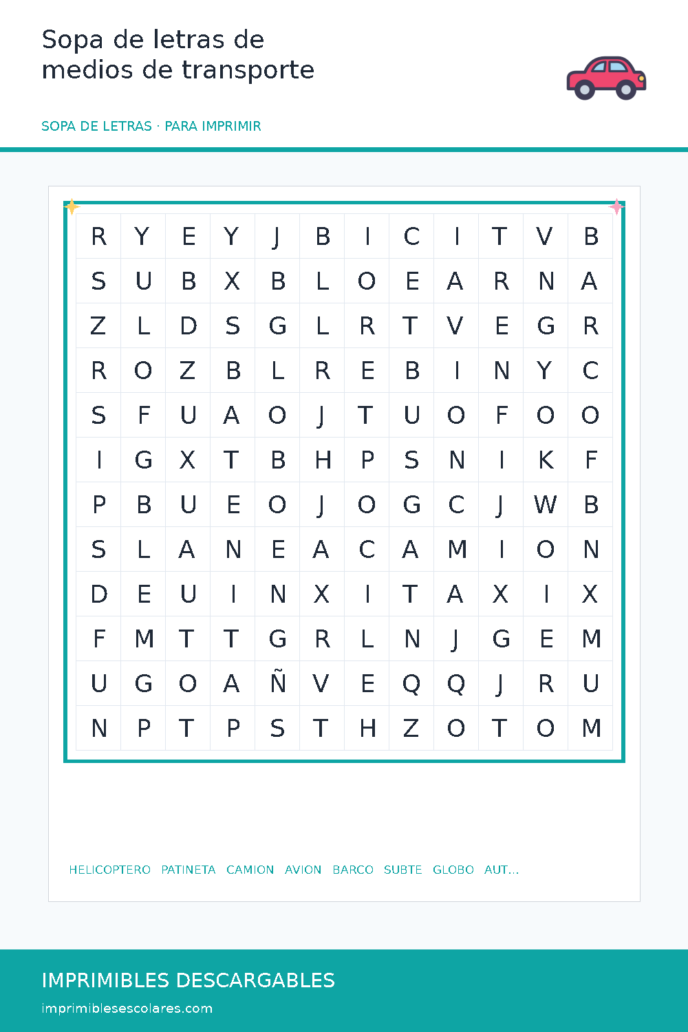 Sopa de letras de medios de transporte