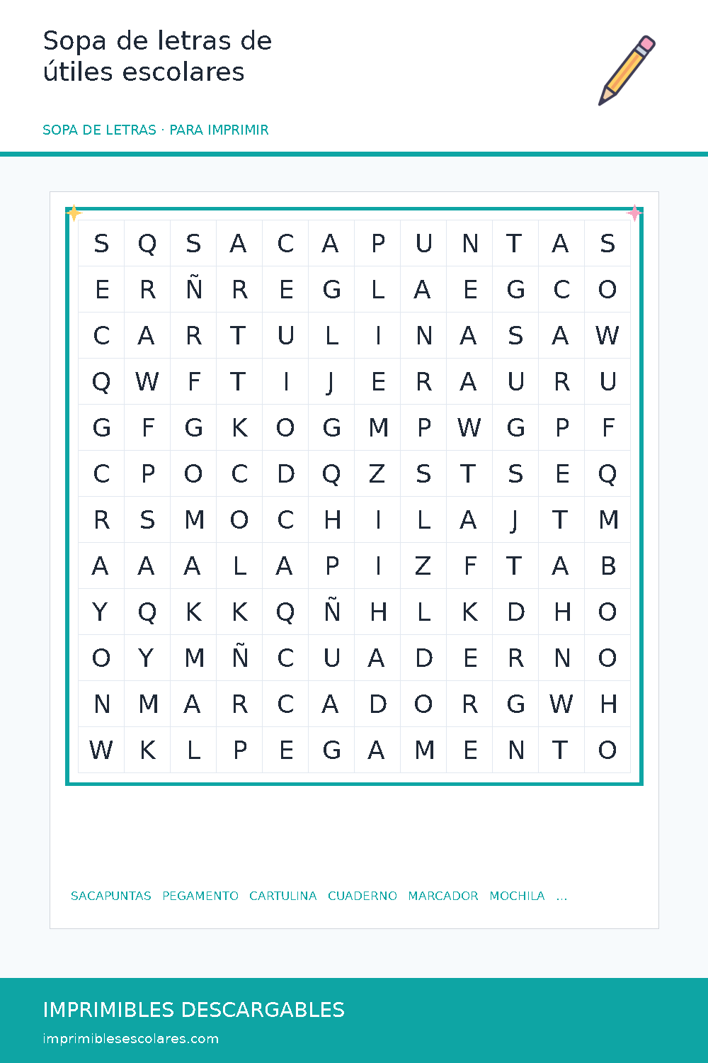 Sopa de letras de útiles escolares